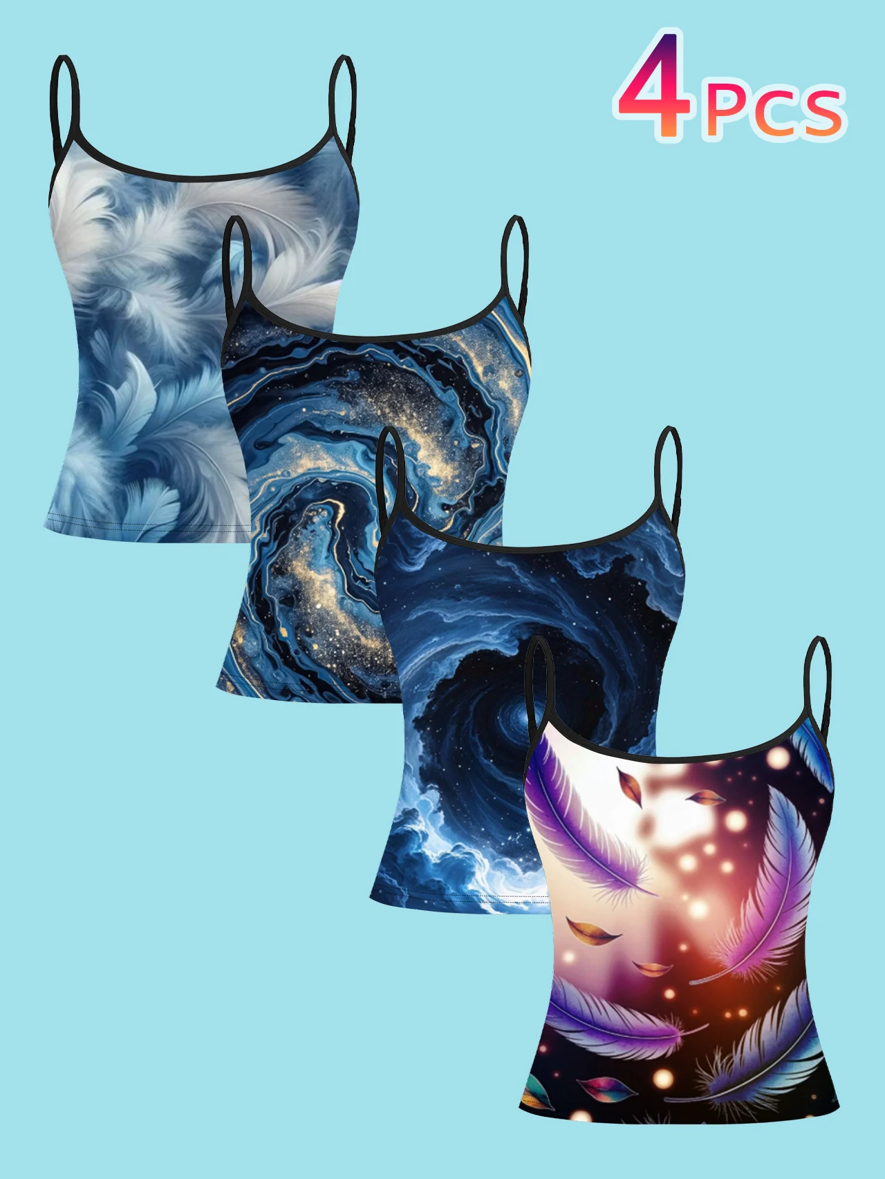 4-Piece Set of Blue Feather Nebula Gold Liquid Print Camisole Tops for Women, Dreamy Starry Sky Spaghetti Strap Slim Fit Inner Wear Tops
