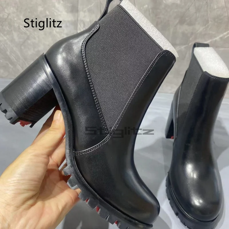 

Chunky Heels Stretch Boots for Women Non-Slip Genuine Leather Ankle Boots Black Winter Slip On Retro Casual Round Toe Lady Shoes