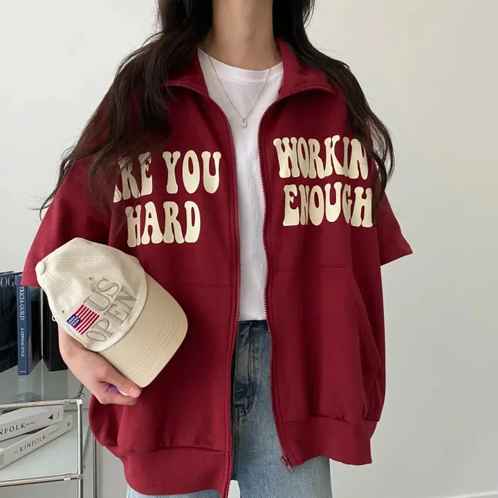 Y2k Zip Up Women Oversized Hoodie Polo Neck Vintage Zipper Sweatshirt Gothic Punk Sportswear Letter Print Half Sleeve Tops 2025