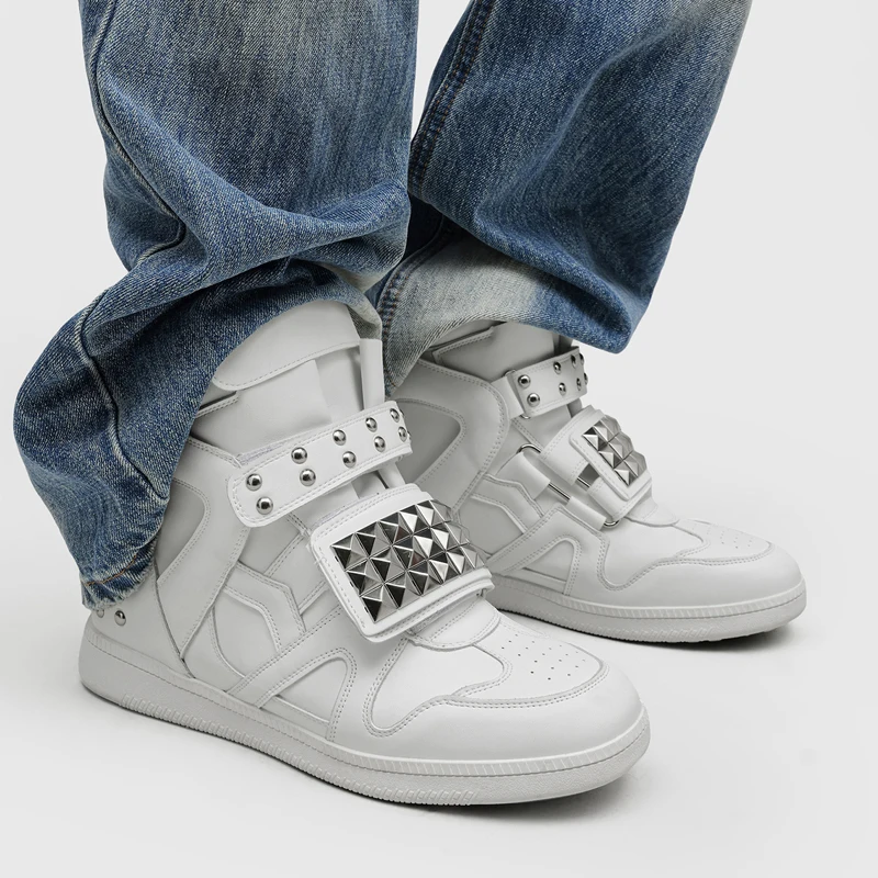 Retro Punk Style Pyramid Men High Top Board Boots Rivets Height Increasing Anti Slip Street Personality Niche Casual CoupleStyle