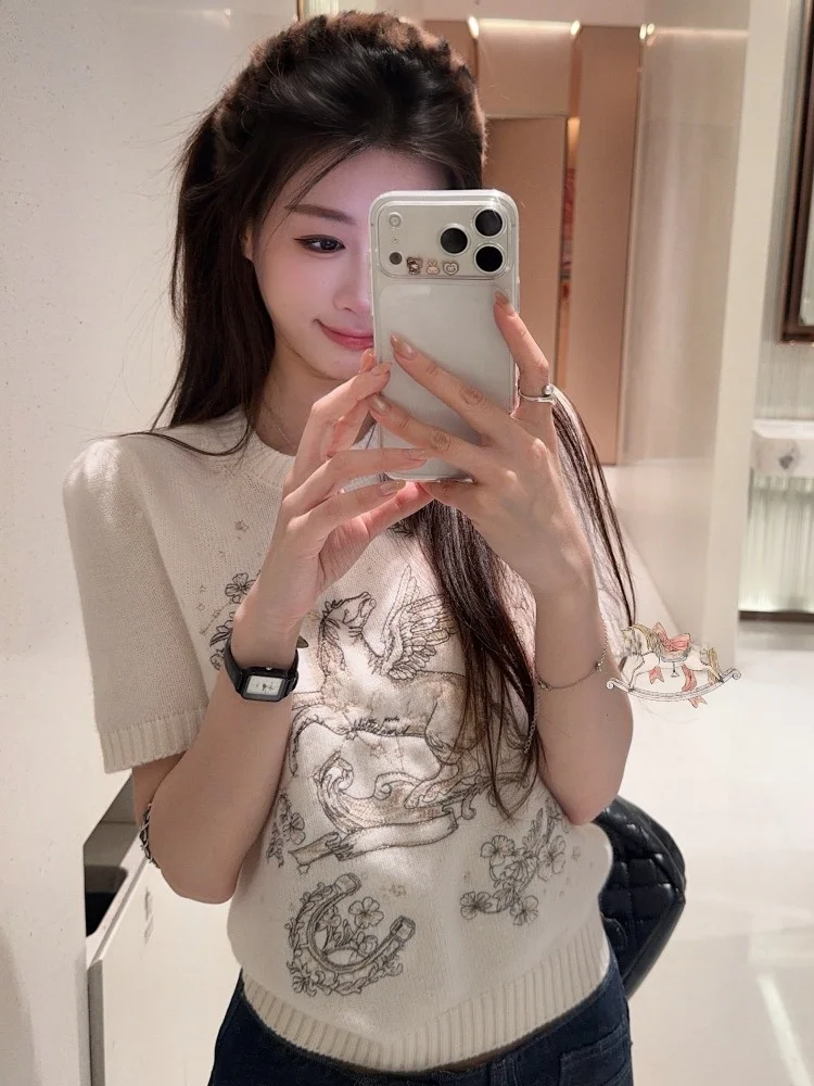 

Korean Style round Neck Embroidered Slim Fit Short Sleeve Knitwear Women's Summer Fashion Casual Versatile Hot Girl Top
