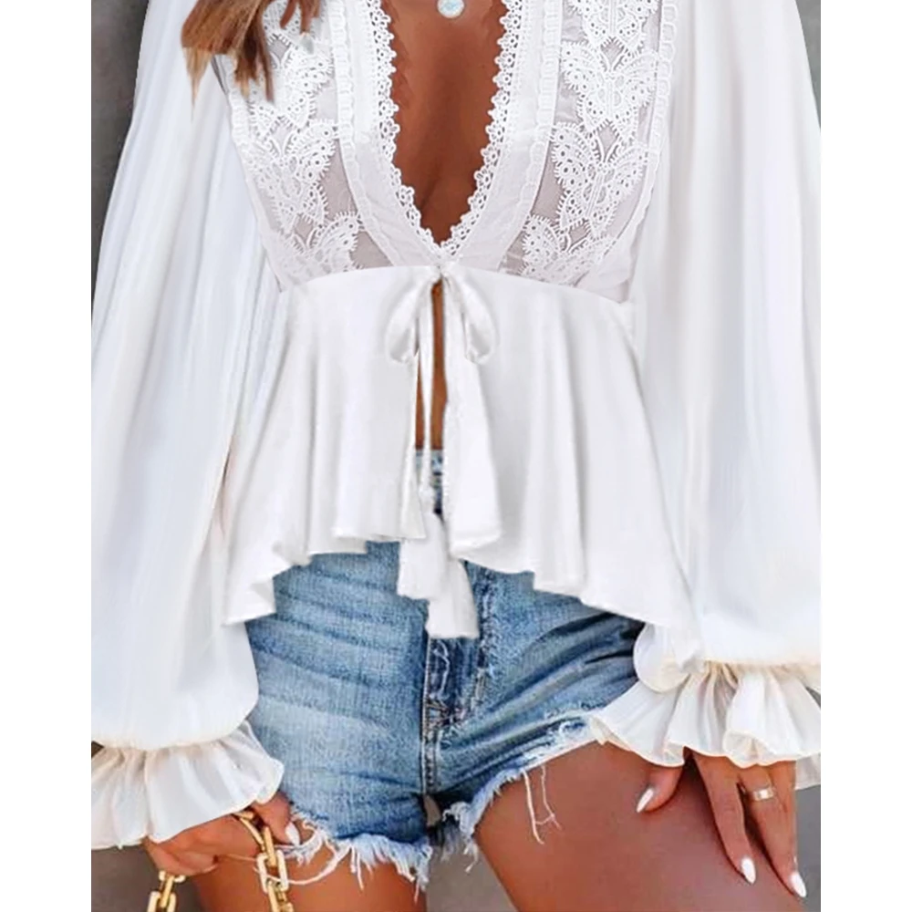 Women Lace Patch Lantern Sleeve Casual White Shirts Spring V-neck Blouse Tassel Tied Detail Top Elegant Outwear Blusa Mujer