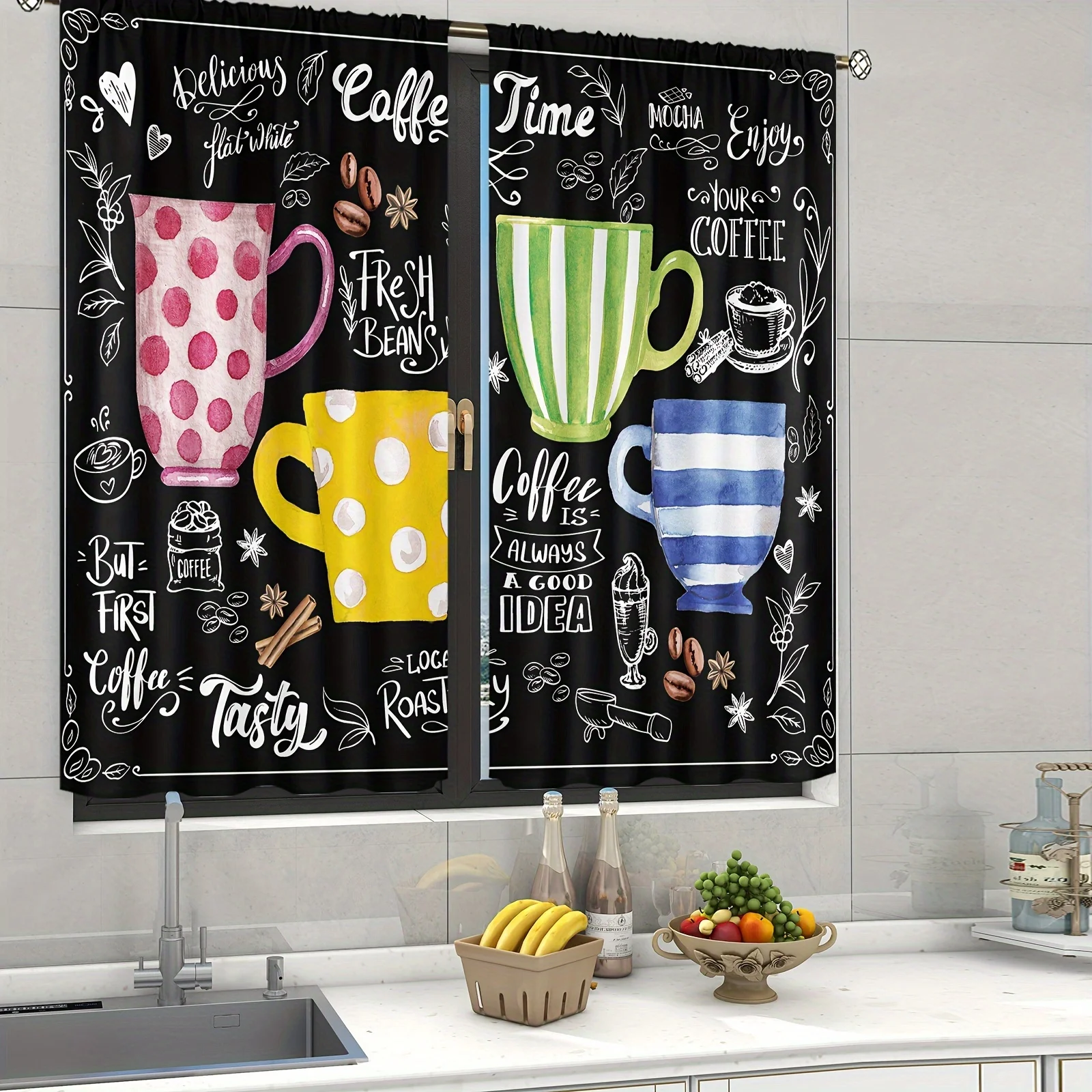 2pcs Cafe Curtains Tiers Vintage Black Kitchen Coffee Print Kitchen Curtains Semi-Blackout Window Treatment For Kitchen Windows