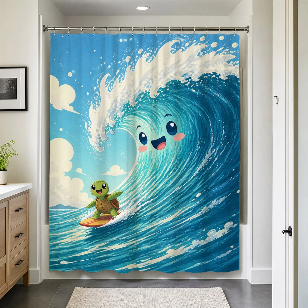 Waterproof Cartoon Ocean Wave Shower Curtain Cute Tropical Turtle Bathroom Decor Kids Novelty Shower Curtain Liner