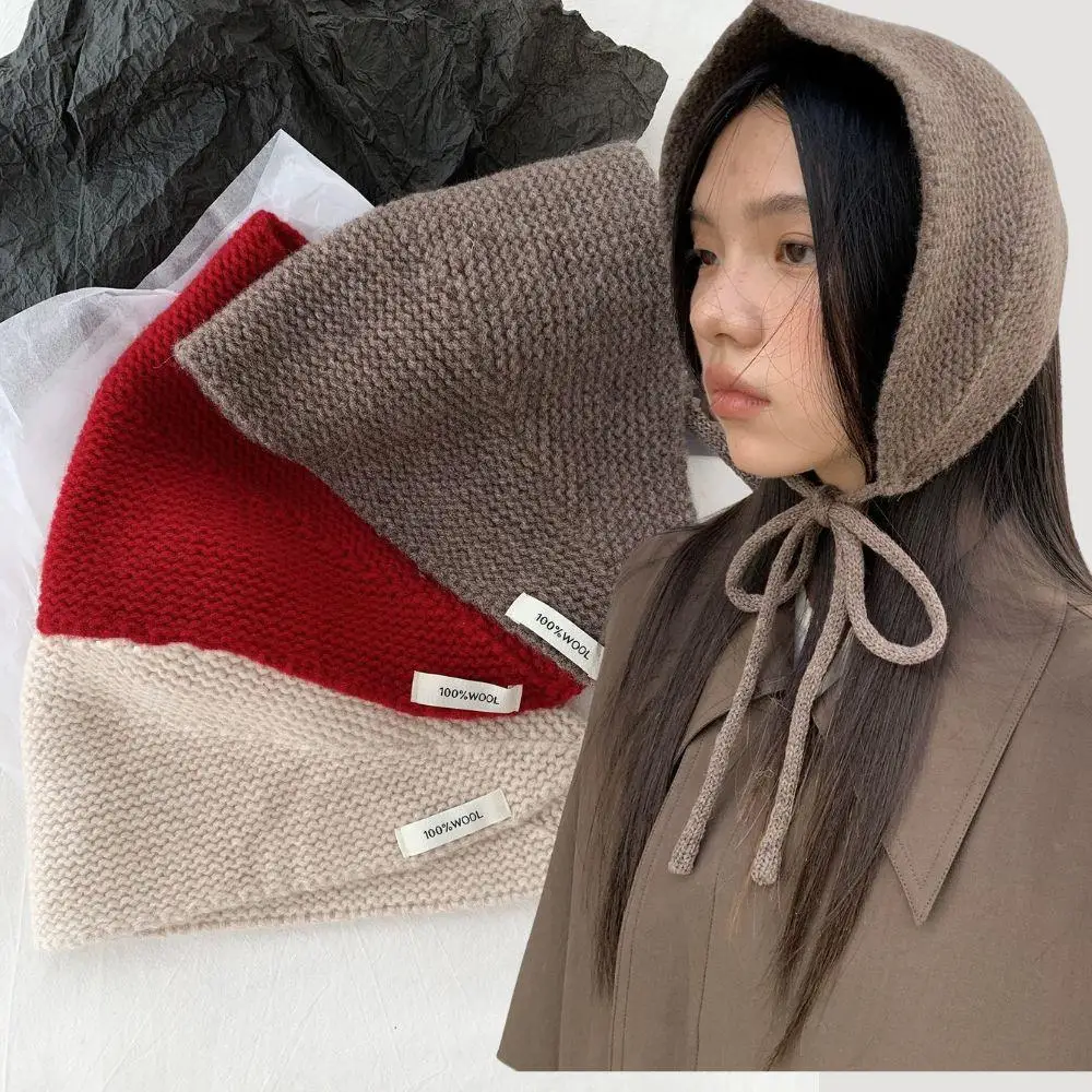 

French Retro Headscarf Sweet Cute Knitted Triangle Scarf Ear Covers With Tie Multi-functional Pure Color Lace-up Wool Half Hat