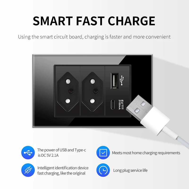 PSSRISE US Gniazdo przełącznika ściennego z ładowarką USB 5V 2.1A typu c Panel ze szkła hartowanego Włącznik światła Gniazdo zasilania