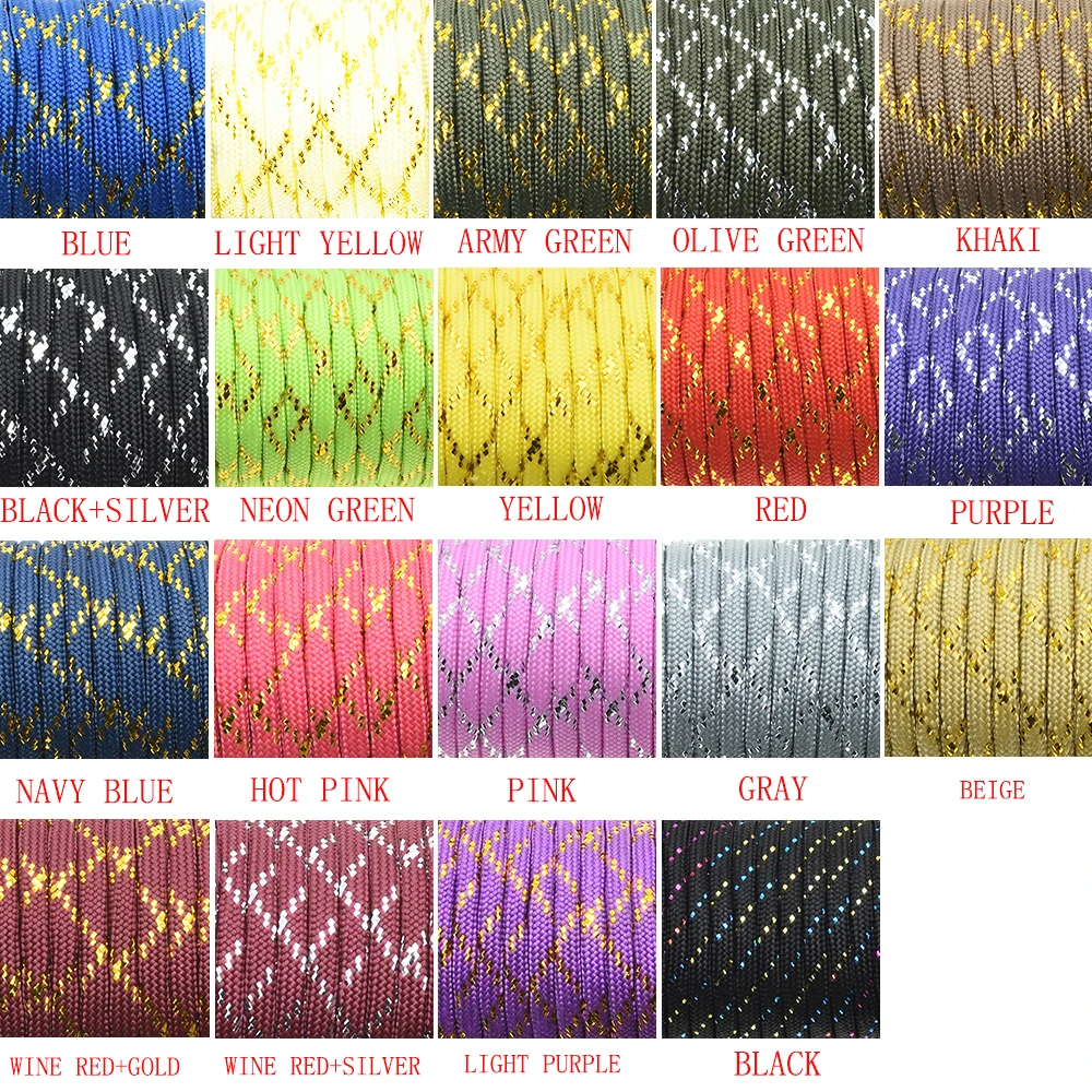 New Gold Silver Cord 550 Paracord Parachute Cord Lanyard Mil Spec Type III 7 Strand Core 100 FT 19 Colors