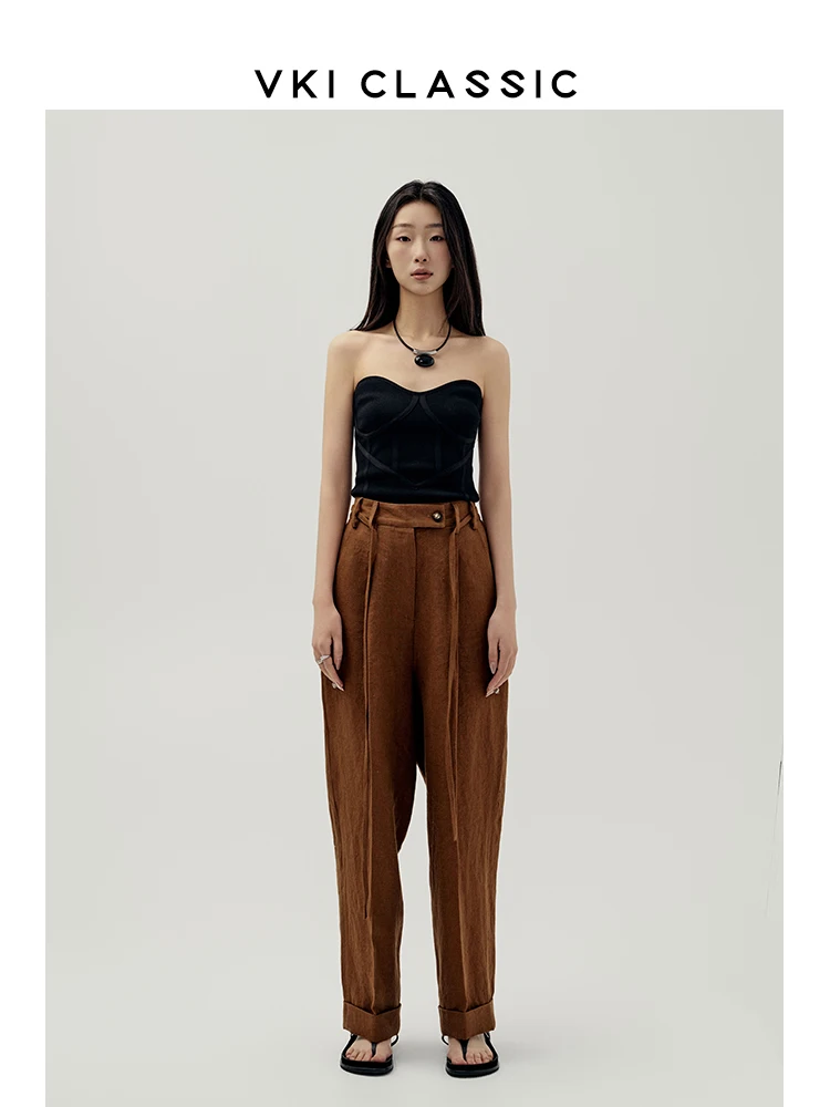 

VKI Classic Women's Loose Harem Pants Organic Linen Comfortable Loose Fit Long Trousers for Busin Casual High Waist Wide Leg