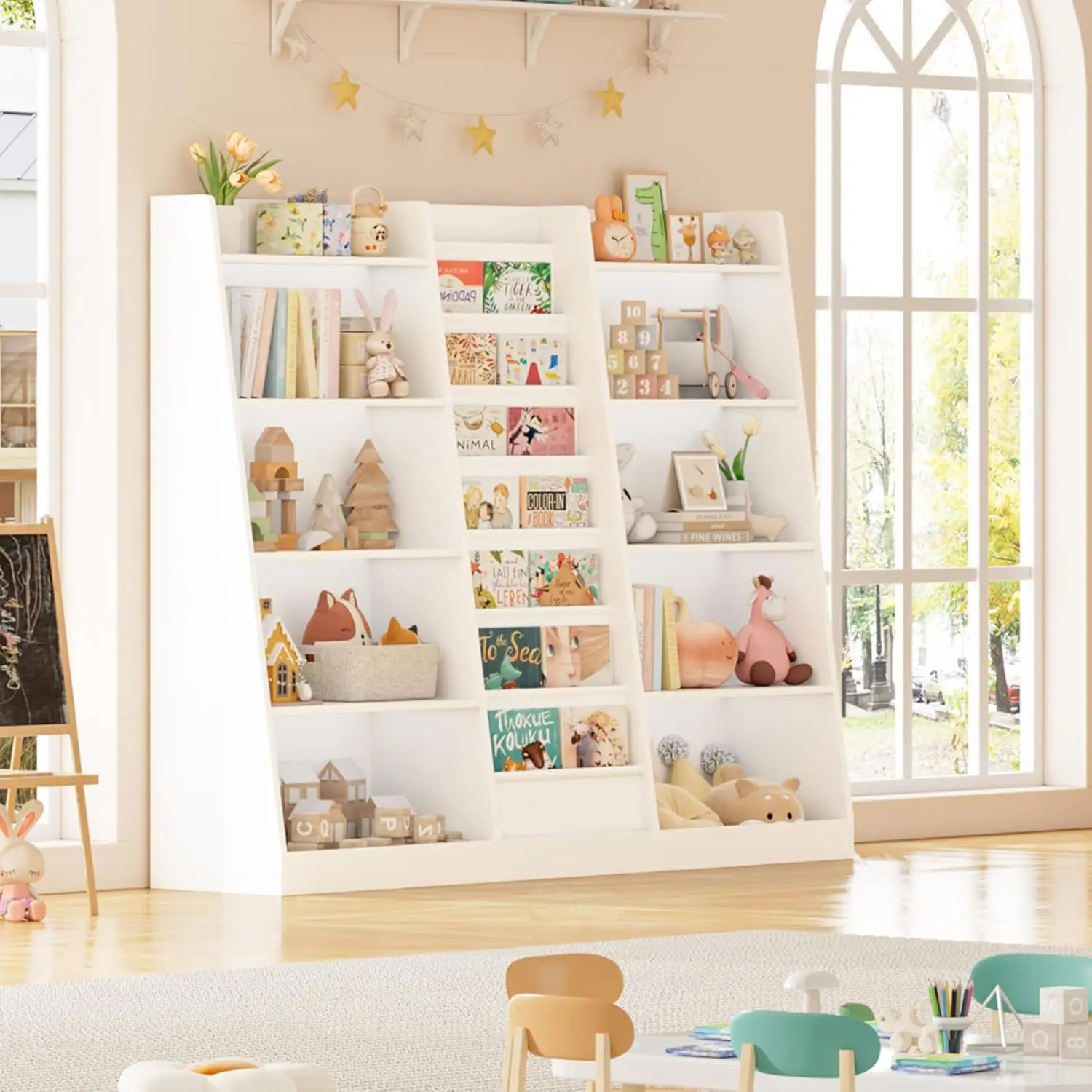 Étagère à livres en bois pour chambres d'enfants, super grande étagère à livres, 7 manches à élingue profonde, 10 supports en bois, rangement de jouets, 58 livres en effet