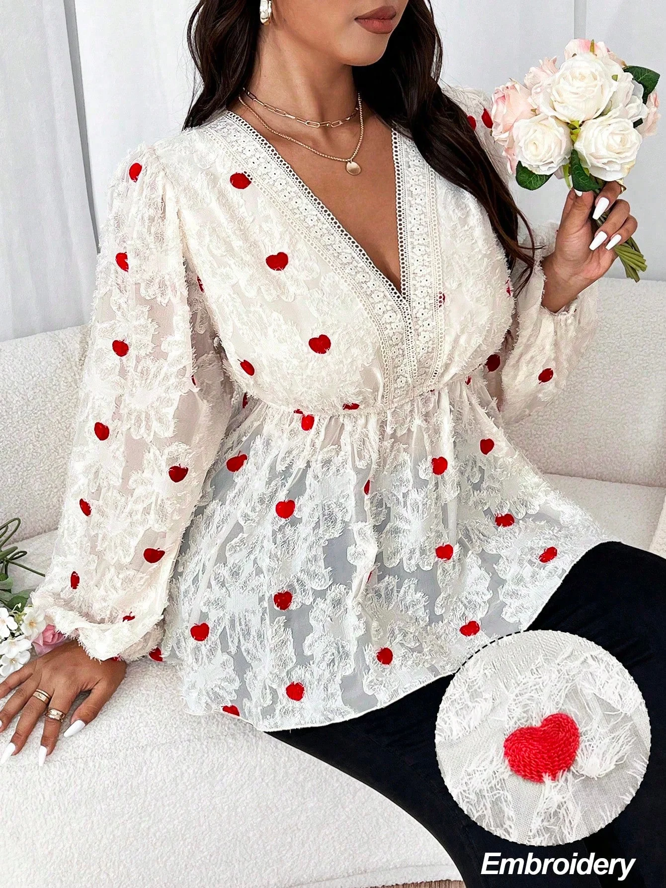 

Женская рубашка больших размеров с v-образным вырезом и длинным рукавом с узором в виде сердца, элегантная вечерняя рубашка в стиле ретро на День святого Валентина с розами в горошек, поцелуи Cu