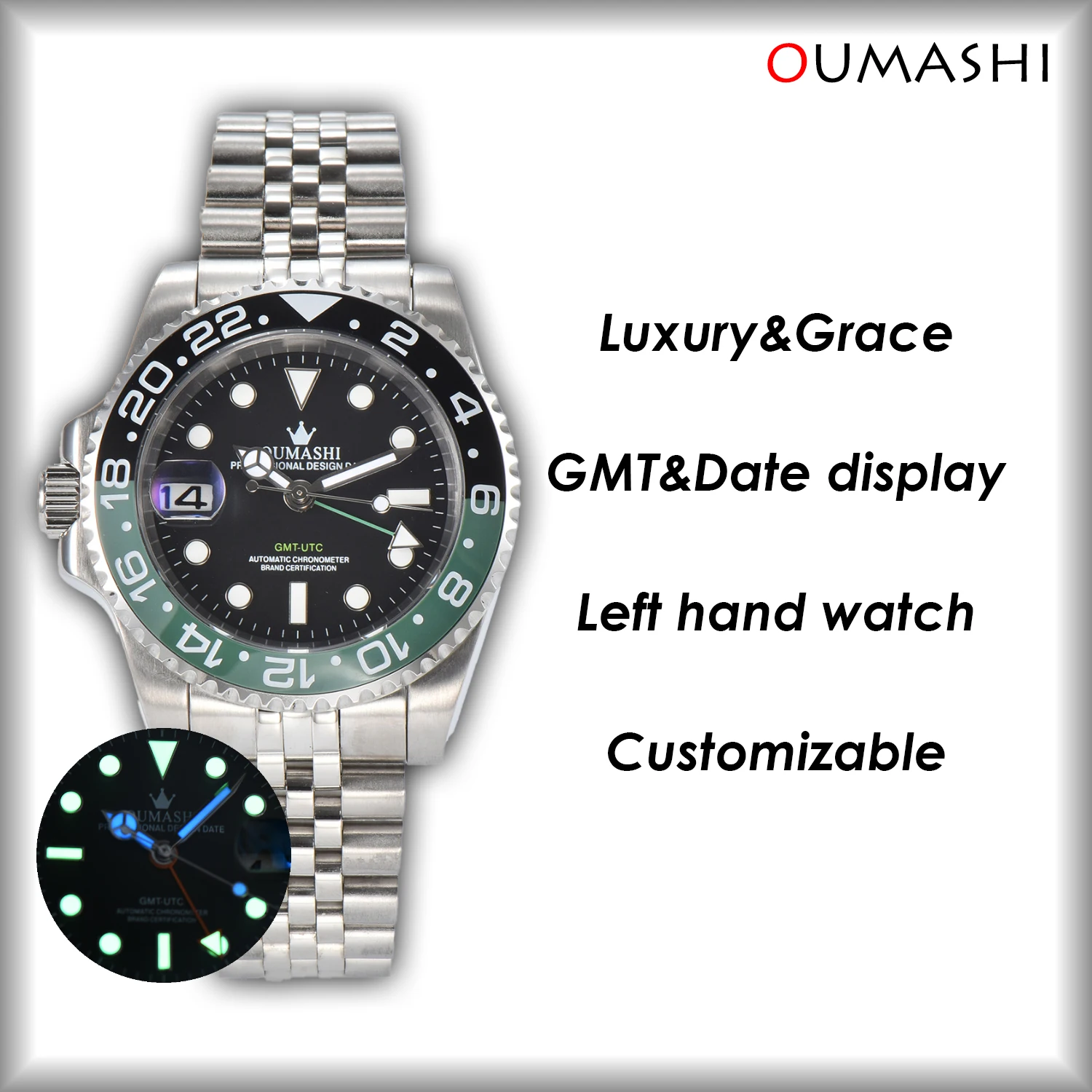 

40 мм мужские часы для левой руки Submarine NH34 GMT с несколькими часовыми поясами, светящиеся водонепроницаемые повседневные модные настраиваемые наручные часы