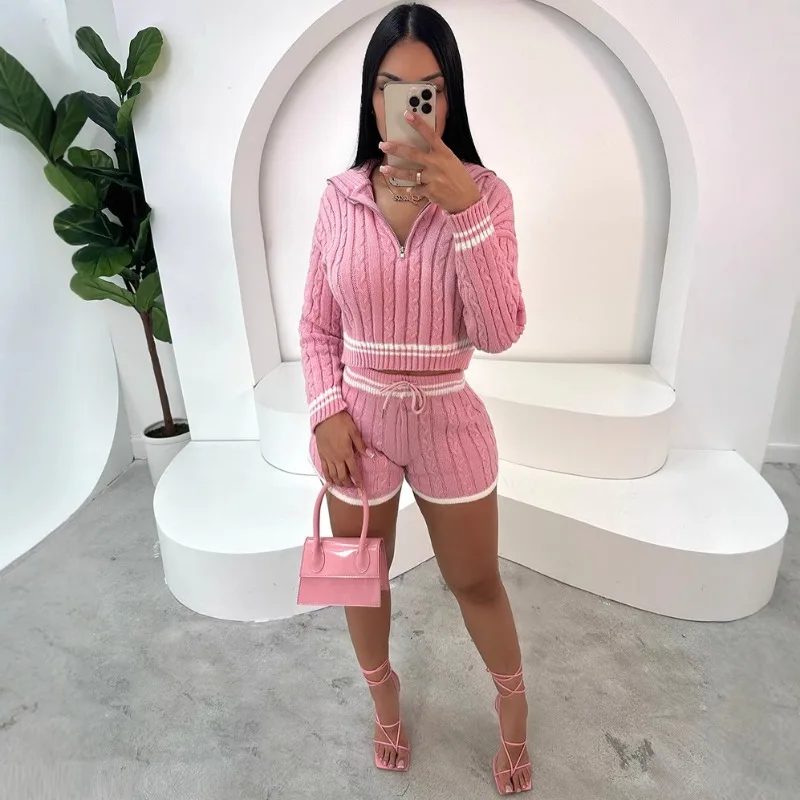 Knitted Women 2 Piece Set Long Sleeve Zipper Fly Crop Sweaters Striped Mini Shorts Matching Set 2024 Autumn Winter Streetwears