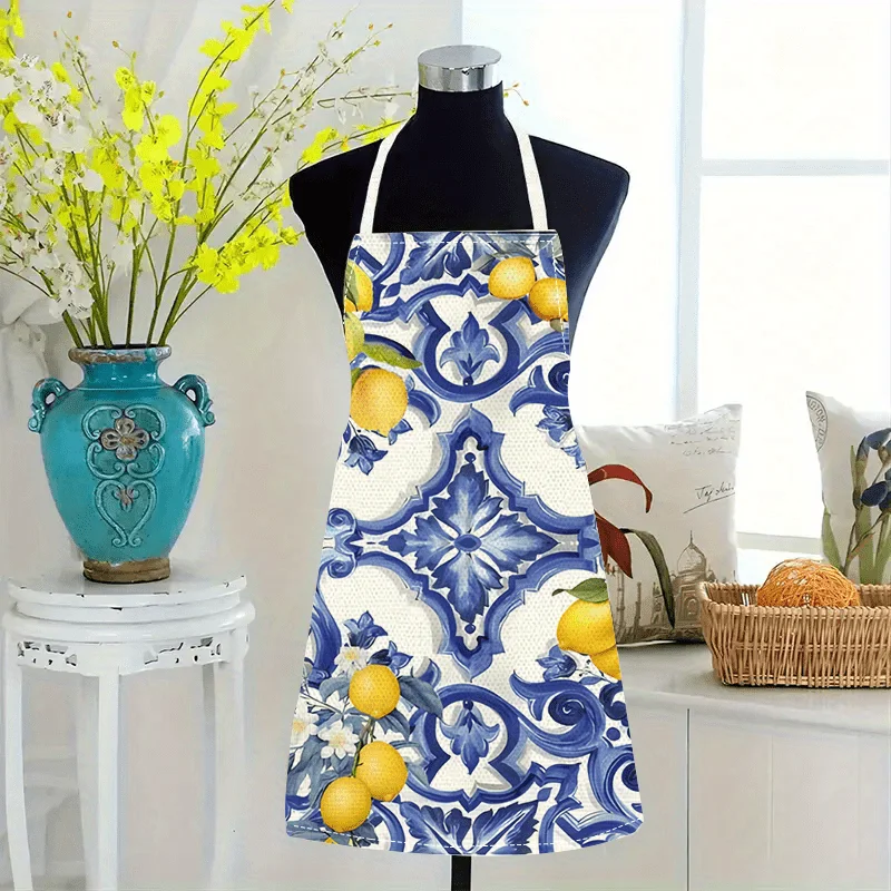 1pc Blue and White Lemon Tile Pattern Apron Linen Kitchen Apron for Women Baking Cooking Painting