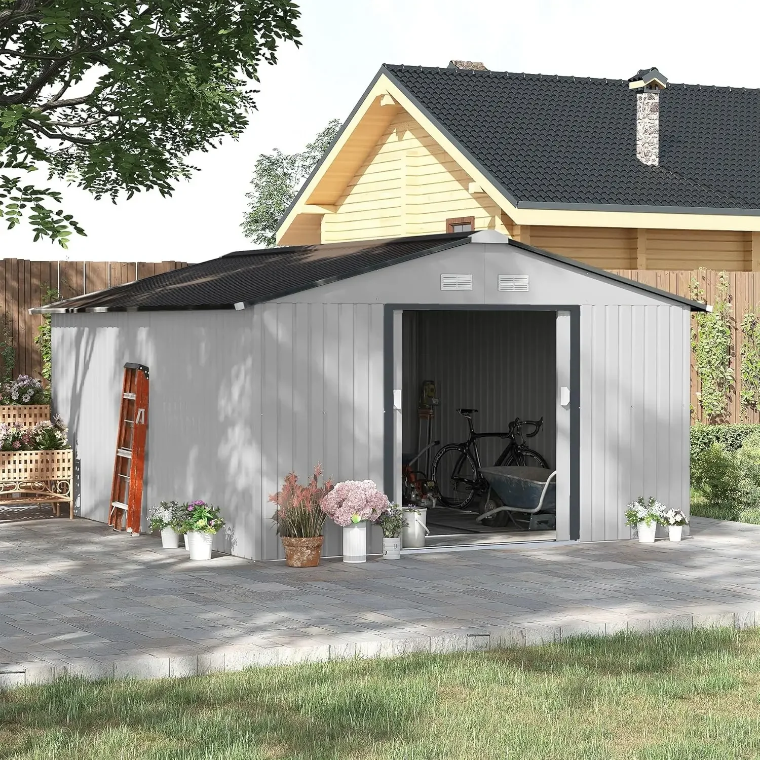 Garden Tool Metal Shed with Foundation Kit, Double Lockable Door, Air Vents and Sloping Roof, for Backyard, Patio, Lawn, White