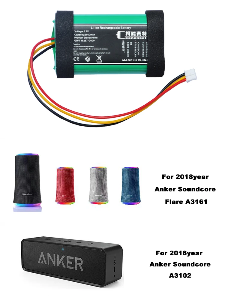 Anker-Bateria Sem Fio Bluetooth Speaker, Soundcore, Flare 1, 3.7V, 5800mAh, A3161, A3102, 2018 Ano