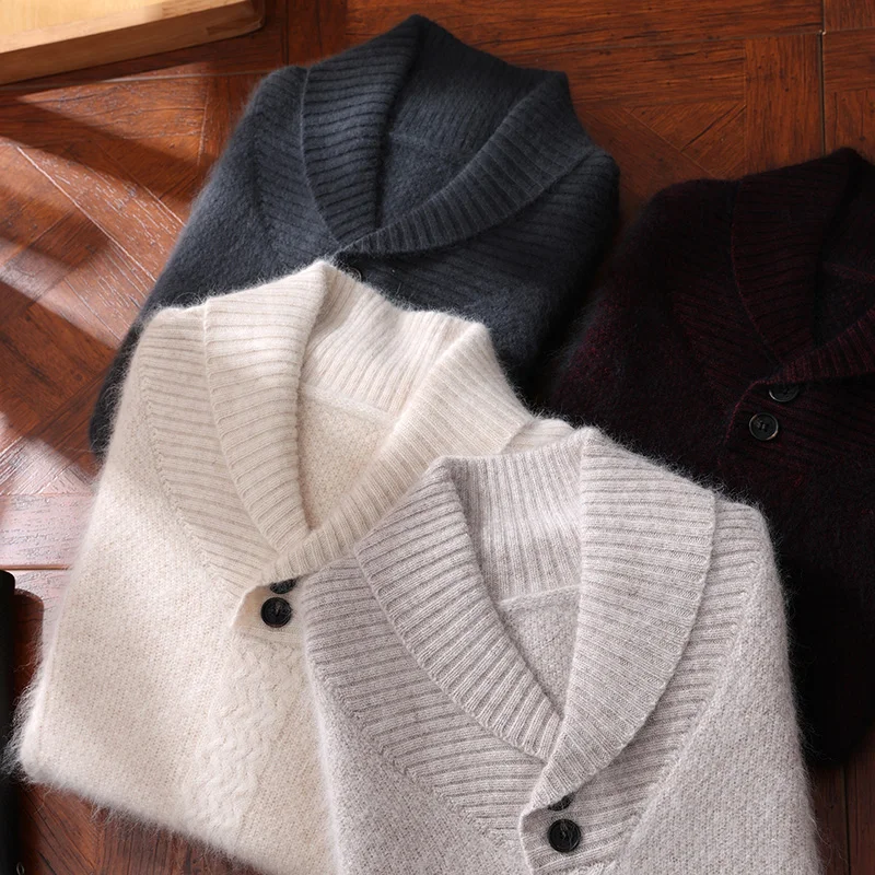 

Men Pullover Sweater Turn-down Collar 100% Mink Cashmere Knitwear Autumn Winter Smart Casual Thick Long Sleeve Soft Knit Tops