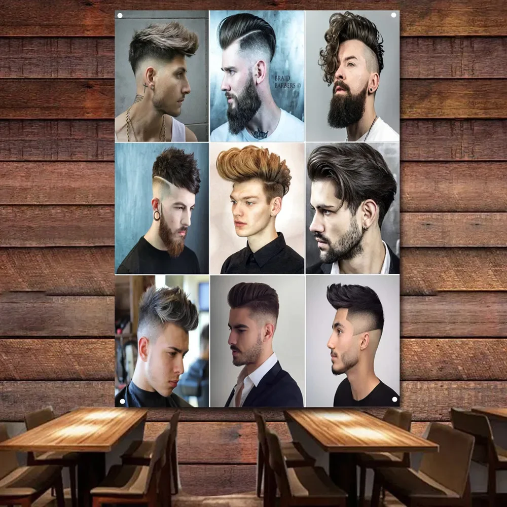 

New Trendy Men's Hairstyles Poster Wall Charts Haircut and Shave Service Signboard Vintage Barber Shop Wall Decor Banner Flag