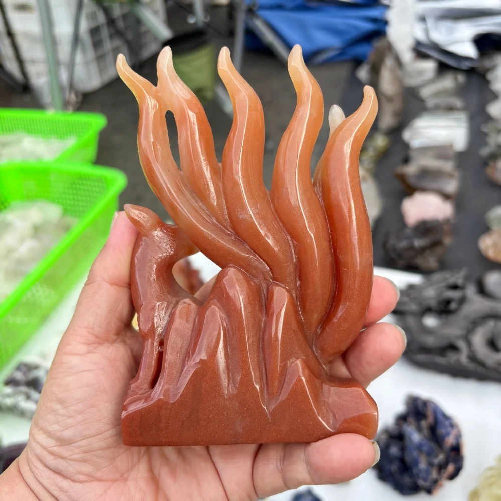 Natural Orange Calcite Nine Tailed Fox Carving, Hand Carved Crystal Fox Statue, Healing Crystal Figurine, Home Decor Crystal