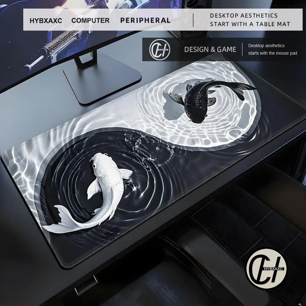 Japanese Desk Mat Black & White Mouse Pad Koi Fish Japan Art Seal Yin-yang Fish Large Gaming Deskmat Rubber HYBXAXC HD Mousepad