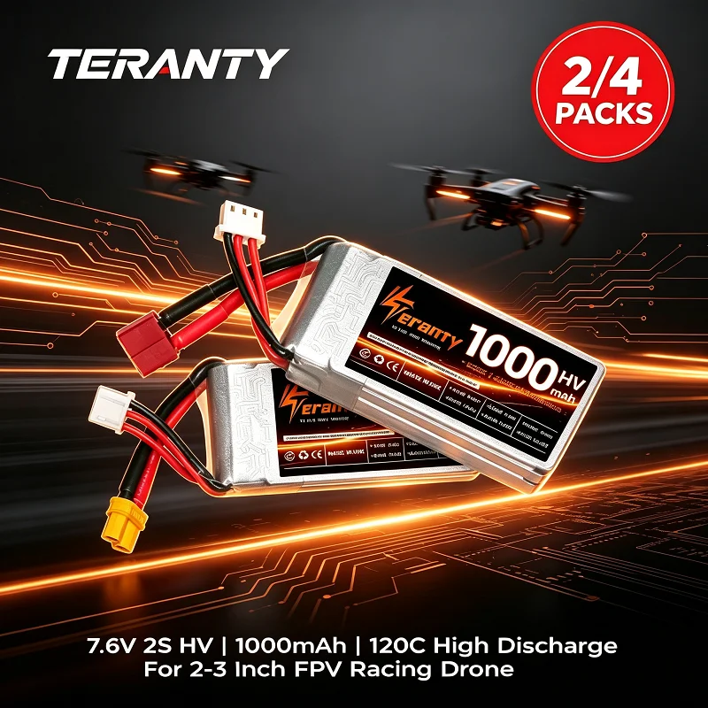 2/4Pcs Teranty 7.6V 2S HV 1000mAh 120C LiPo Battery for 2-3inch FPV Quadcopters RC Car RC Boat BetaFPV Eachine Tyro75