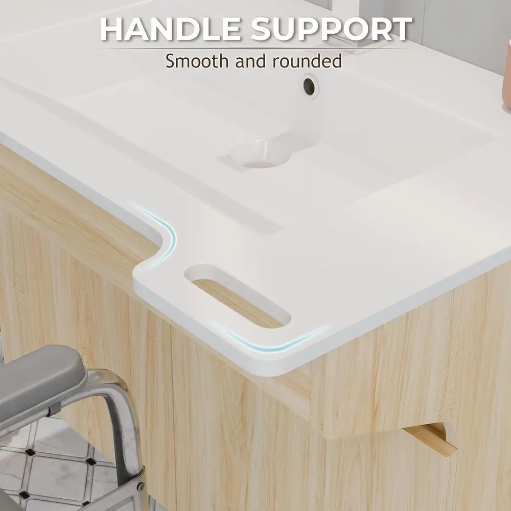 الغرور العائم الحديث المتوافق مع ADA مع خزانة خشبية وحجر الراتنج وقضيب إمساك لكبار السن وكبار السن والمعاقين - Wheelchai