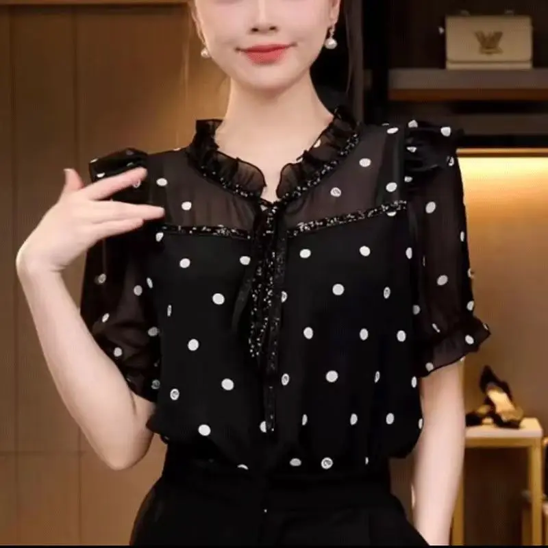 Commute Scarf Collar Shirt Female Clothing Stylish Drawstring Bow Summer Polka Dot Casual Patchwork Short Sleeve Loose Blouse