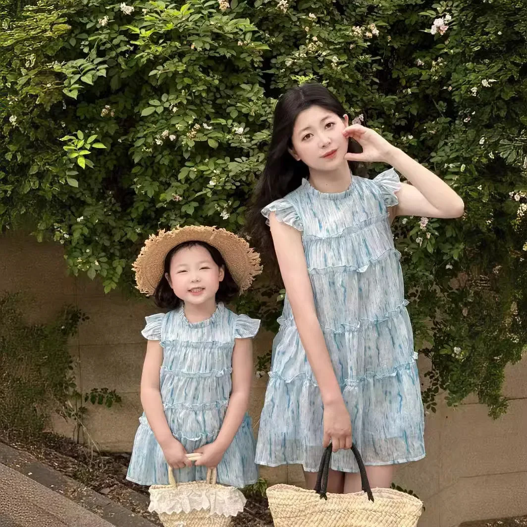 Holiday Look Mother Daughter Matching Puff Sleeveless Dress Mom and Baby Girls Resort Tutu Dresses Mommy and Me Equal Clothing