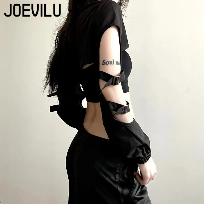 JOEVILU Women's Cyberpunk Goth Harajuku Crop Tops Long Sleeve Hollow Out Zipper T Shirt Y2K Grunge Streetwear Jacket for Dancing