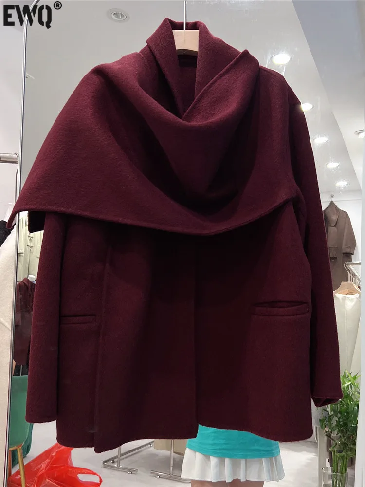 [EWQ] Fashion Scarf Collar Long Sleeve Double-faced Cashmere Coat Women Winter Keep Warm Red Woolen Outerwear 2024 Autumn O3073