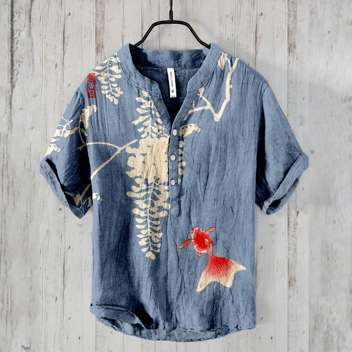 Men\'s linen casual loose short-sleeved shirt 3D HD printing trendy flower fish series V-neck shirt large size S-5XL fast deliver