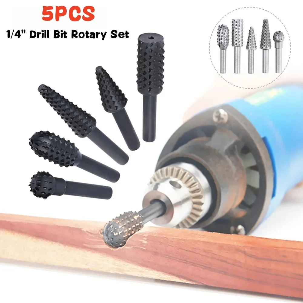 5PCS 1/4\'\' Drill Bit Rotary Set for Woodworking Knife Wood Carving Tool Carpentry Wood Cutting Tools WorkDrill Bit Set