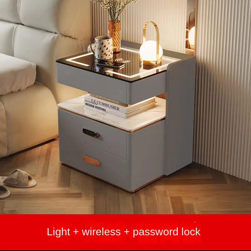 طاولة بجانب السرير الذكية ذات شحن لاسلكي خشبي فاخر وحديث، ضوء LED لتخزين 3 أدراج للشقق الصغيرة ومنضدة النوم