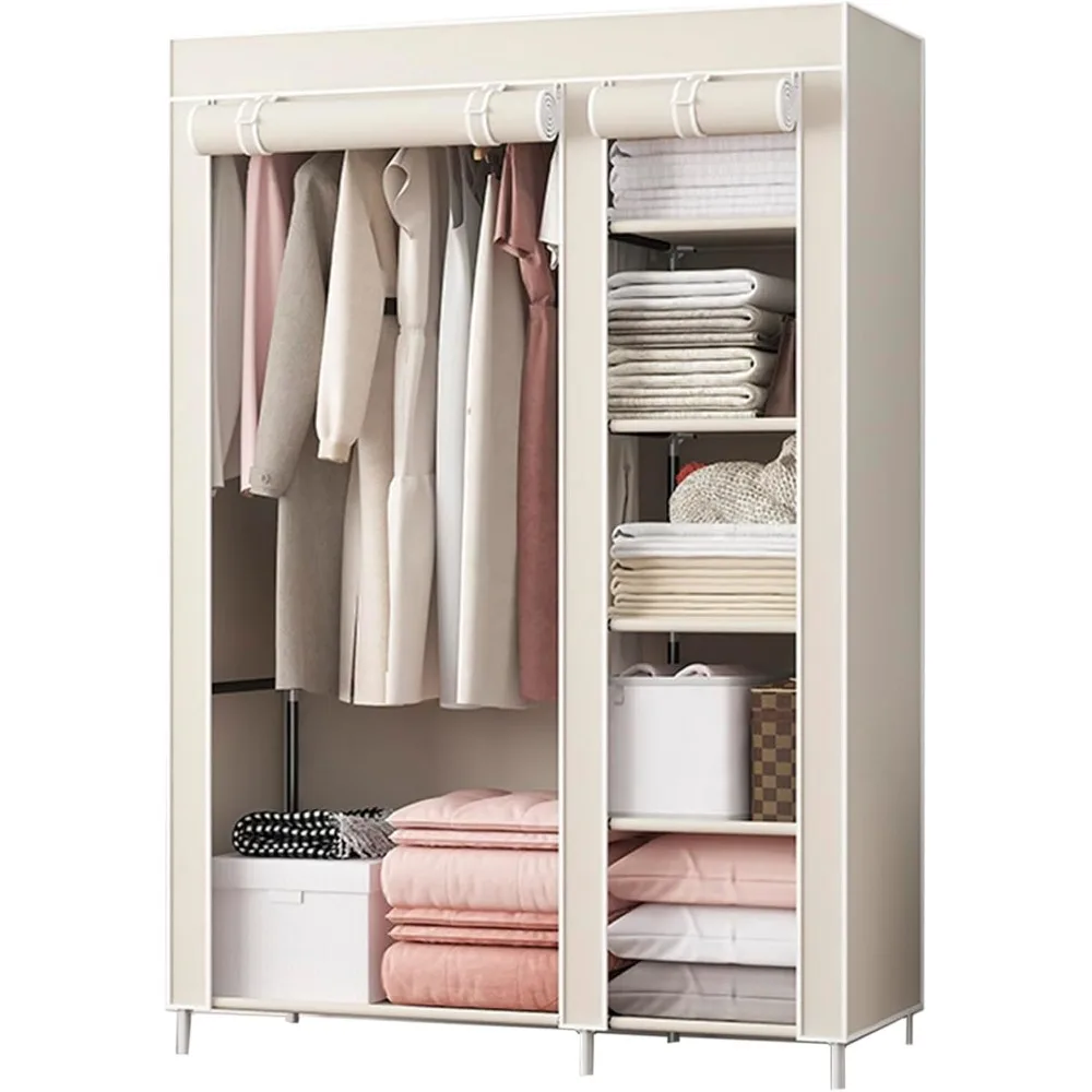 

Portable Wardrobe Closet, Clothes Storage Cabinet with Dustproof Cover, 6 Shelves and 1 Hanging Rods, Stable and Easy Assembly