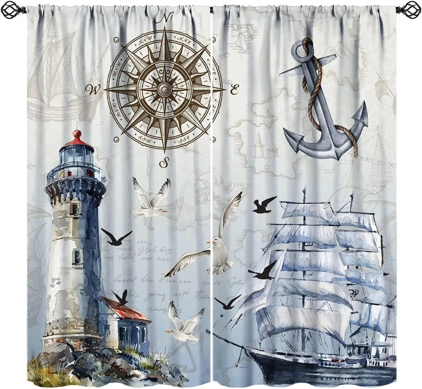 Nautical Theme Curtains Polyester Coastal Lighthouse Ship Anchor Vintage Map Ocean Window Drapery Seaside Beach Decor Nautical H