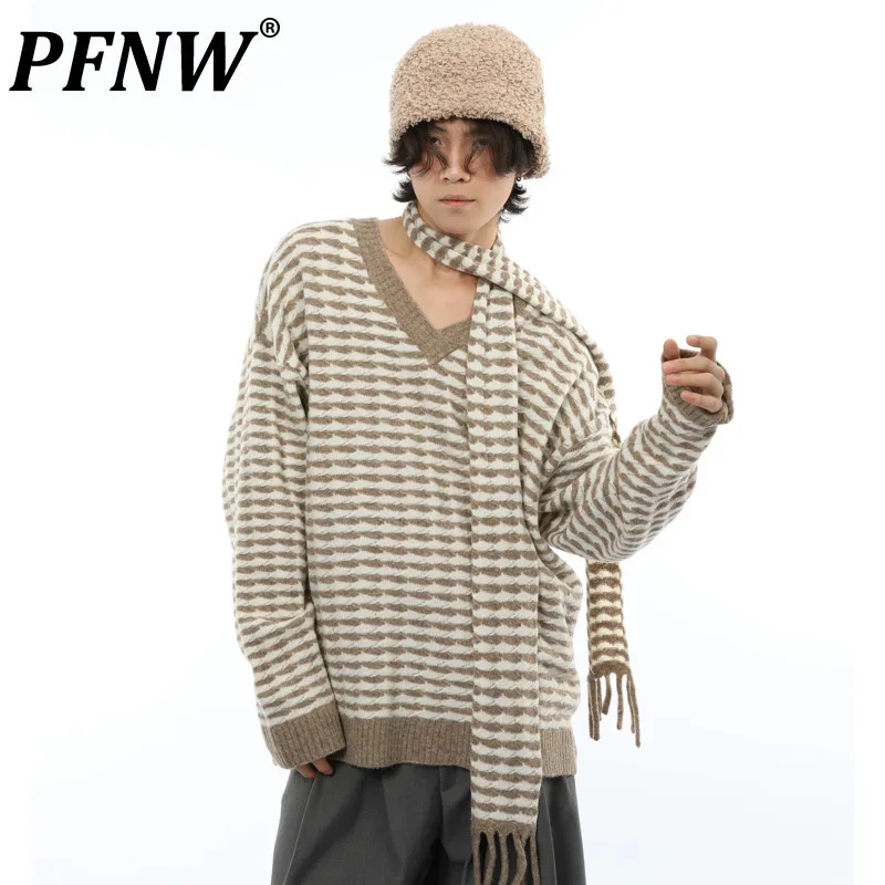 

PFNW Striped Knitwear Sweater Male Vintage Long Sleeve V-Neck Scarf Style Loose Casual Men's Tops 2024 Autumn Chic New 28W4073