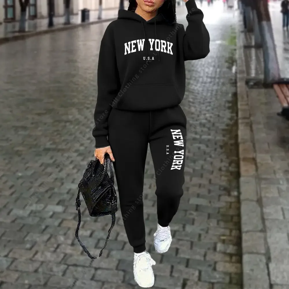 

New Women's Hooded Sports Pants 2-Piece Set Winter Spring Style Casual Running Street Wear High Quality Sportswear Tracksuit