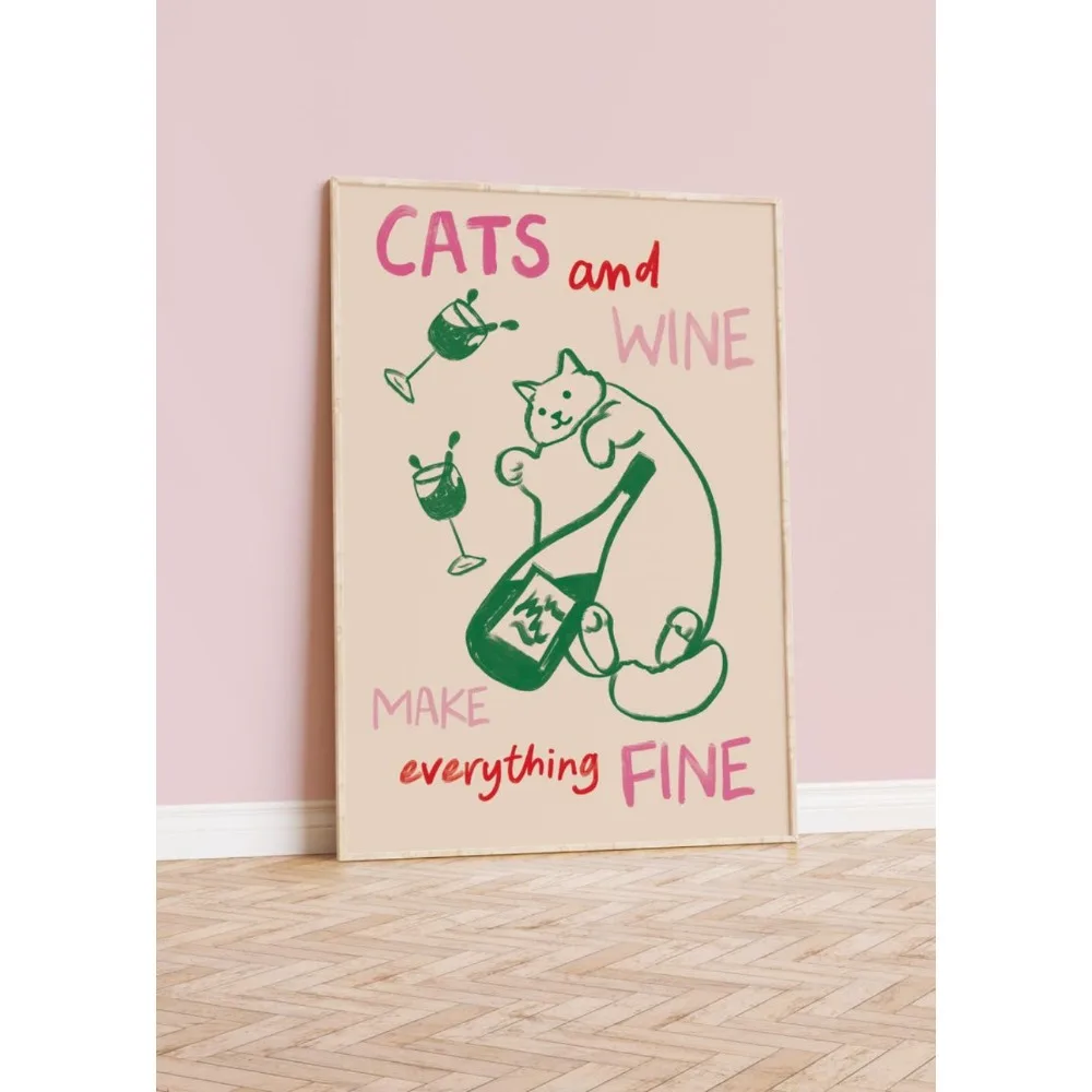 Print,Abstract Kitchen Poster,Kitchen Decor,Kitchen Print Inspo,Housewarming Gift Cats and Wine Kitchen Print,Colourful Kitchen