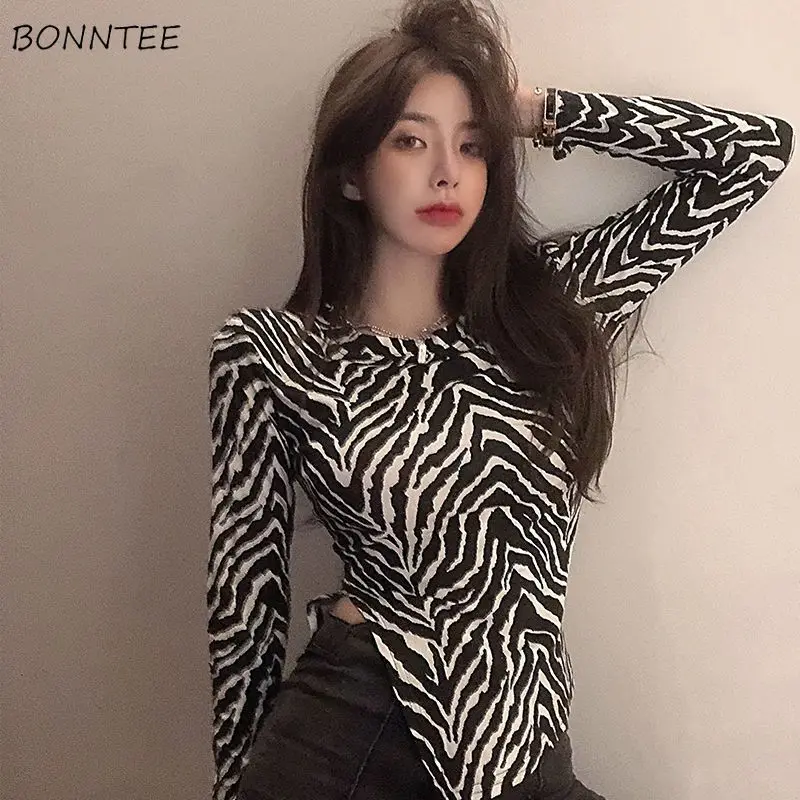 

O-neck T-shirt Women Zebra Stripe Autumn New Slim Irregular Side Slit Long-sleeve Basic Korean-style All-match Trendy Hotsweet