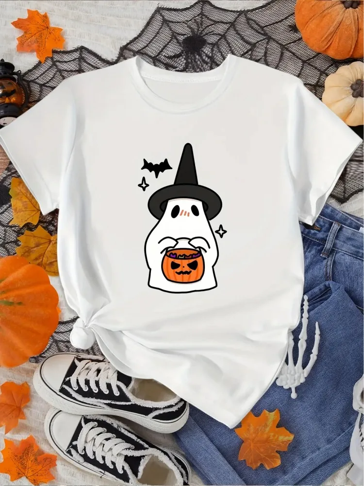 Moda de Halloween para mujer, bonito sombrero mágico, cesta de calabaza, patrón inglés, cuello redondo, camiseta de manga corta, Top informal versátil a la moda