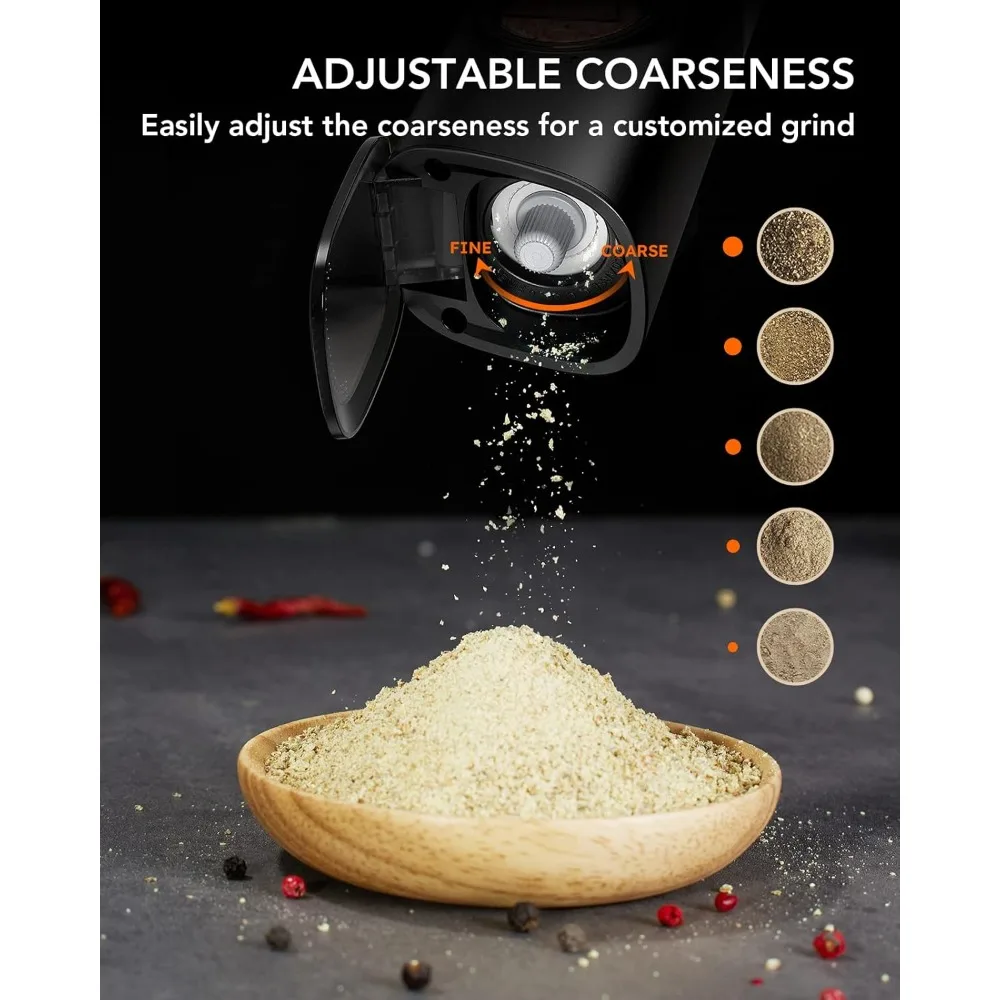 مجموعة مطحنة الملح والفلفل الكهربائية، سعة كبيرة مطورة، خشونة قابلة للتعديل مع ضوء LED (حبوب الخشب الطبيعي)
