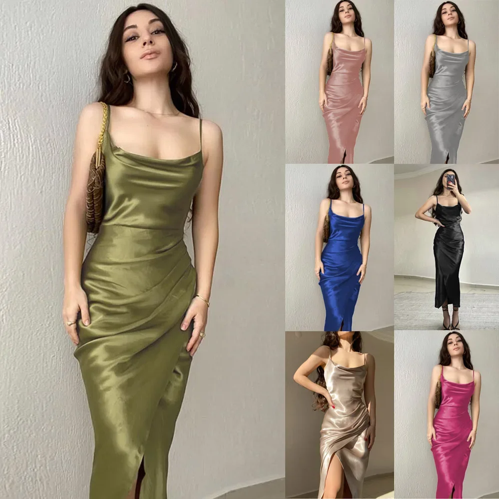 

2024 European and American Spice Girls Sexy Low Chest Satin Split Suspender Dress New Skinny Halter Dress