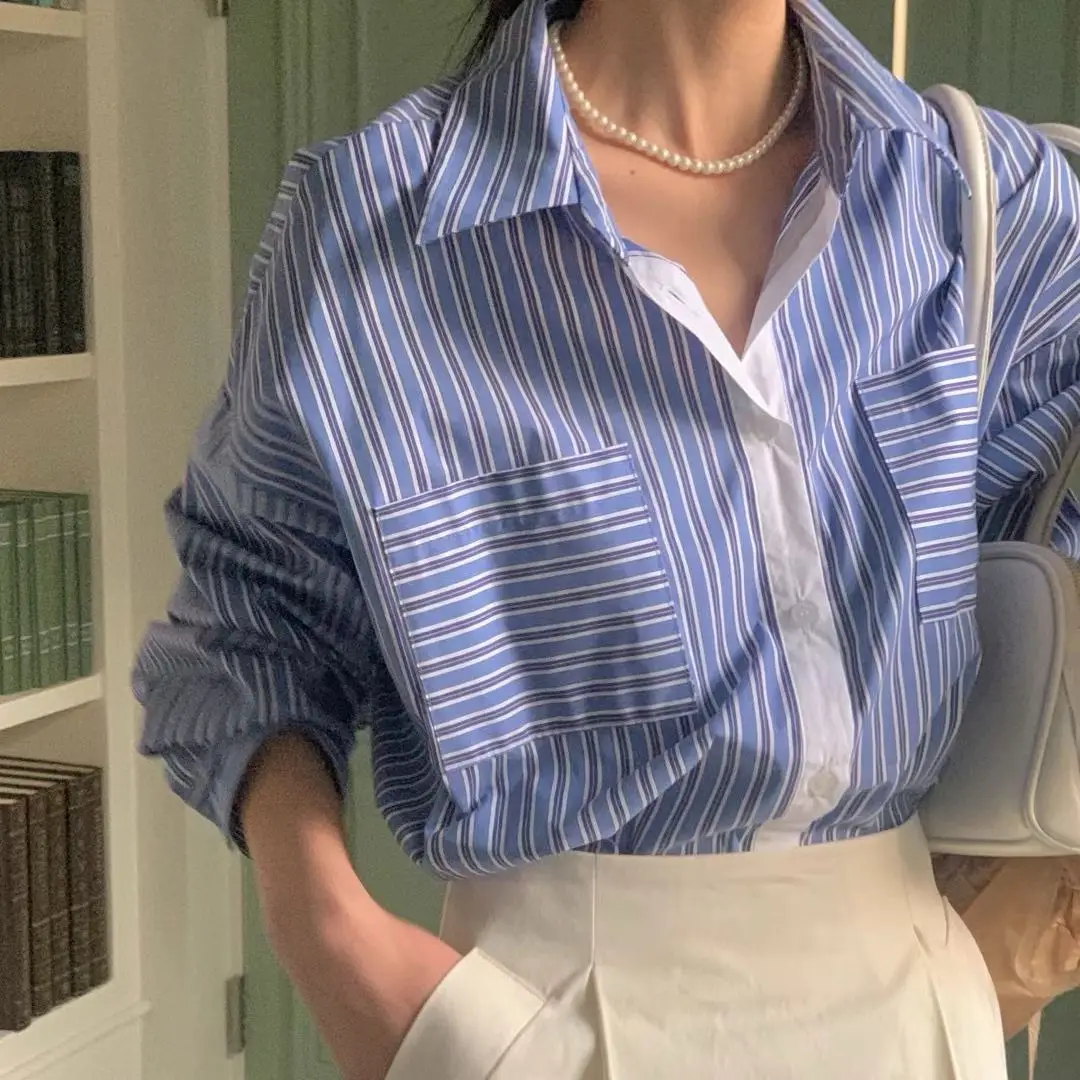 

Coigarsam Shirt Womens Tops 2024 Vintage Office Lady Three Quarter Sleeve Striped Panelled Pink Blue Women Shirts