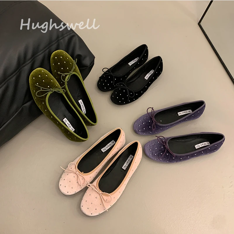

Elegant Purple Velvet Ballet Flats Woman Classic Round Toe Bowknot Design Velour Ballerina Shoes Ladies Studs Rivets Loafers