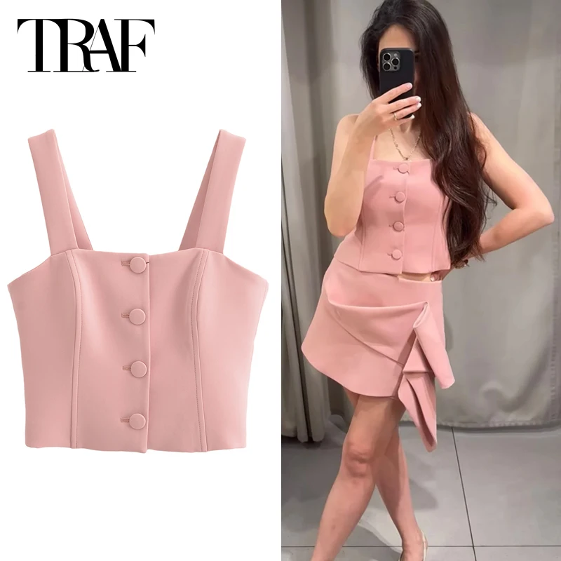 TRAF Cropped Corset Waistcoat Women's Tailored Vest Summer 2024 Strapless Back Bow Lace Up Sleeveless Slip Vest Office Outwear