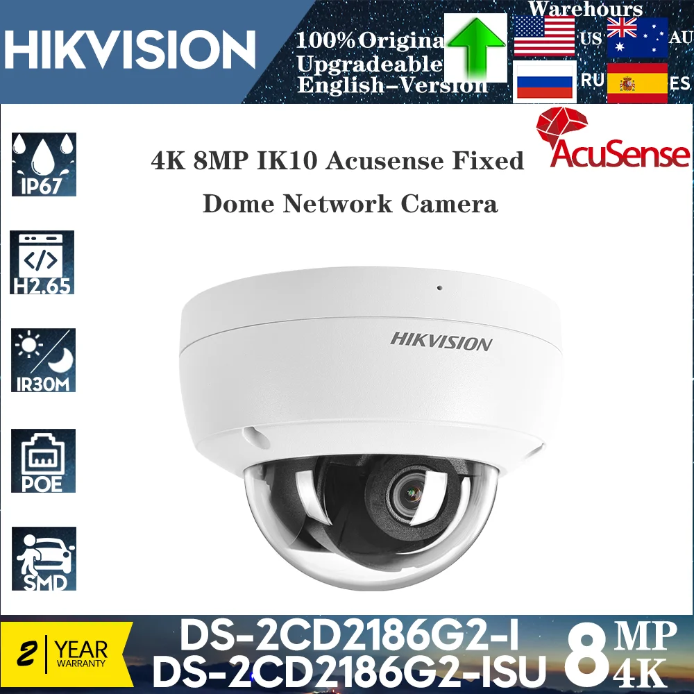 Hikvision Original 4K 8MP IP Camera IP67 IK10 Acusense IR Fixed Dome DS-2CD2186G2-ISU POE Security Protection CCTV Surveillance