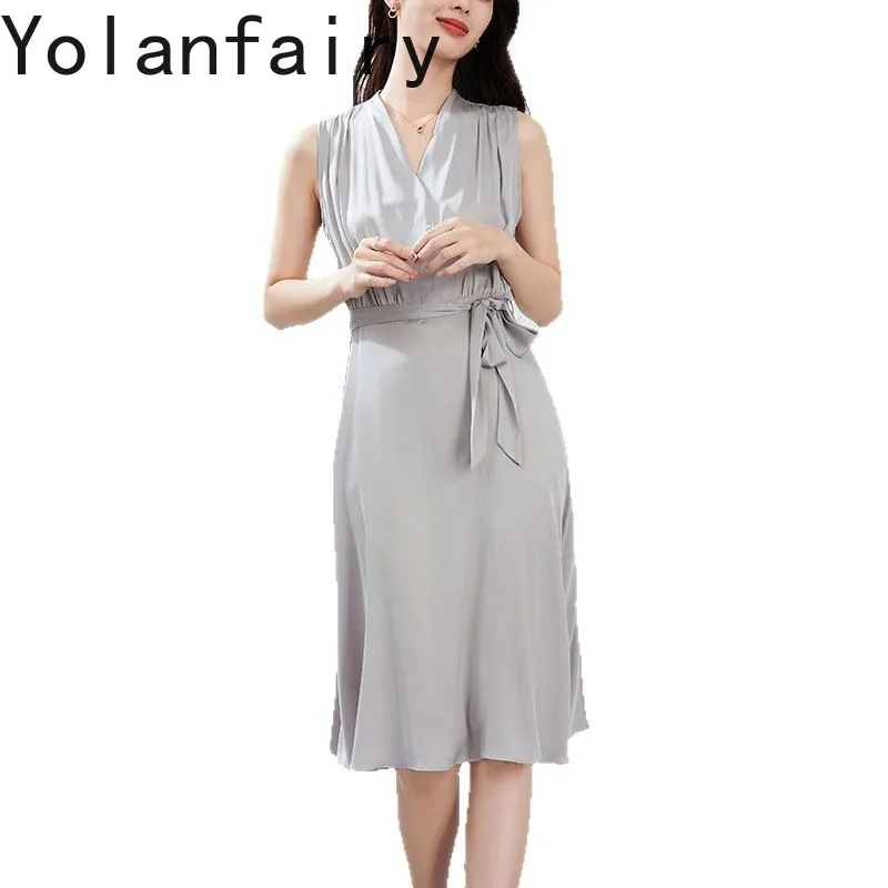 

YOLANFAIRY 19 мм, 92,3% настоящее шелковое красное платье, женские летние платья без рукавов, однотонные элегантные платья на шнуровке, Vestido