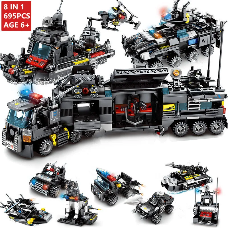 8Pcs/lot 695Pcs City SWAT Truck House Ship Building Blocks Sets Police Command Vehicle Car Bricks Educational Toys for Children