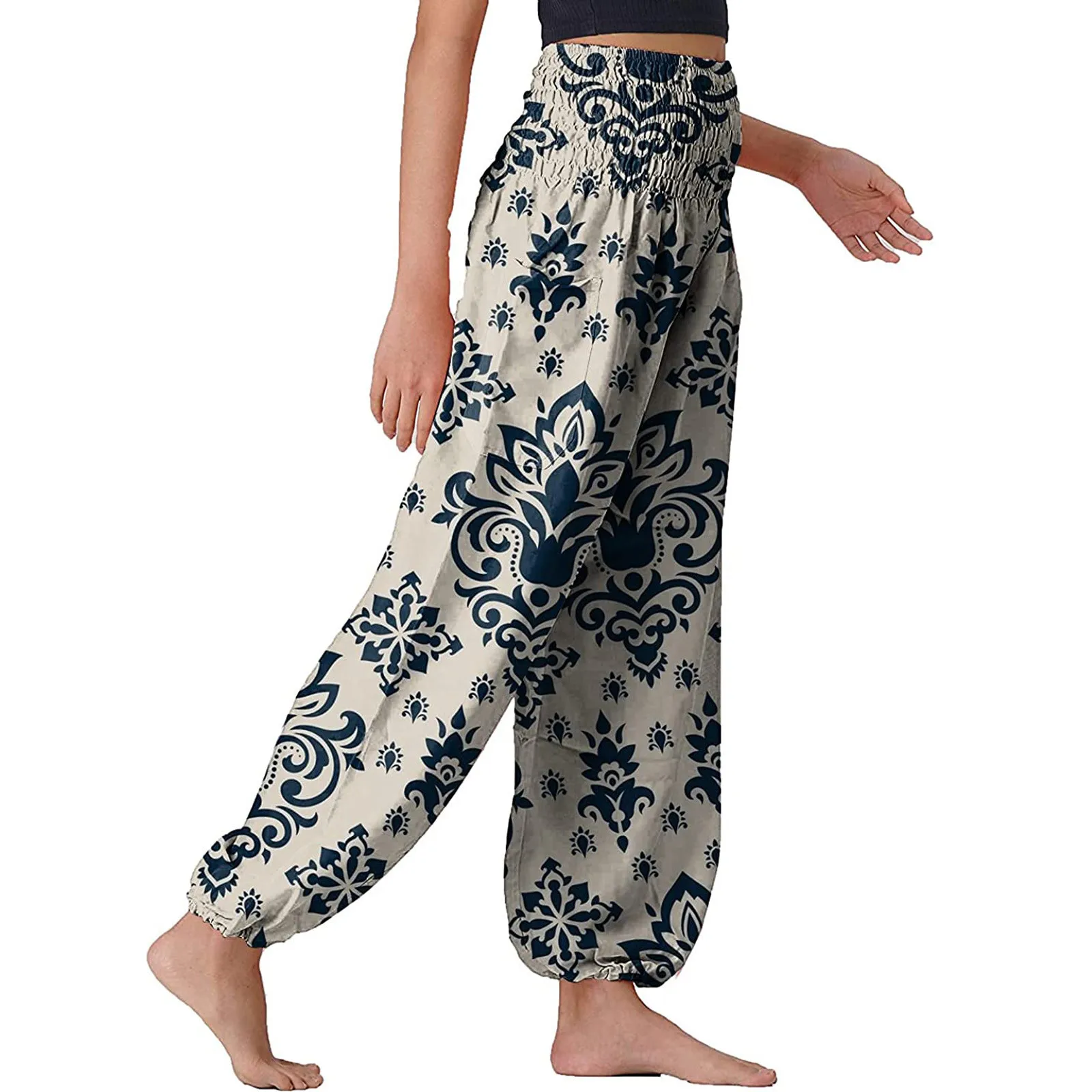 Ladies Harem Pants Boho Vintage Print Loose Fitness Pants Hippie Boho Belly Dance Pants Trousers Baggy Pants Leggings Sportswear