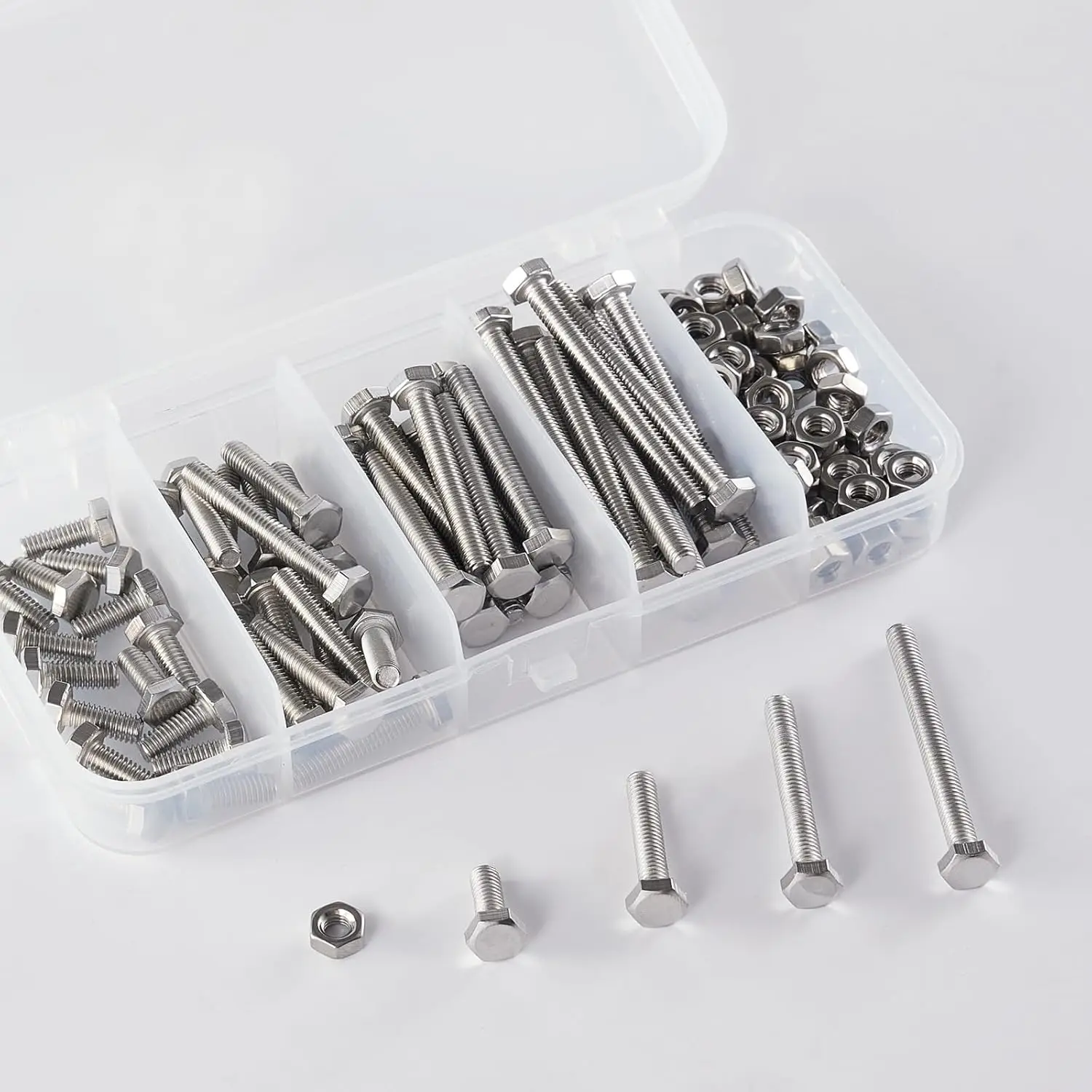 120 pieces of M4 x 10 - 40 millimeter hex head bolts and nuts, hex head screws, stainless steel, bright finish, fully threaded