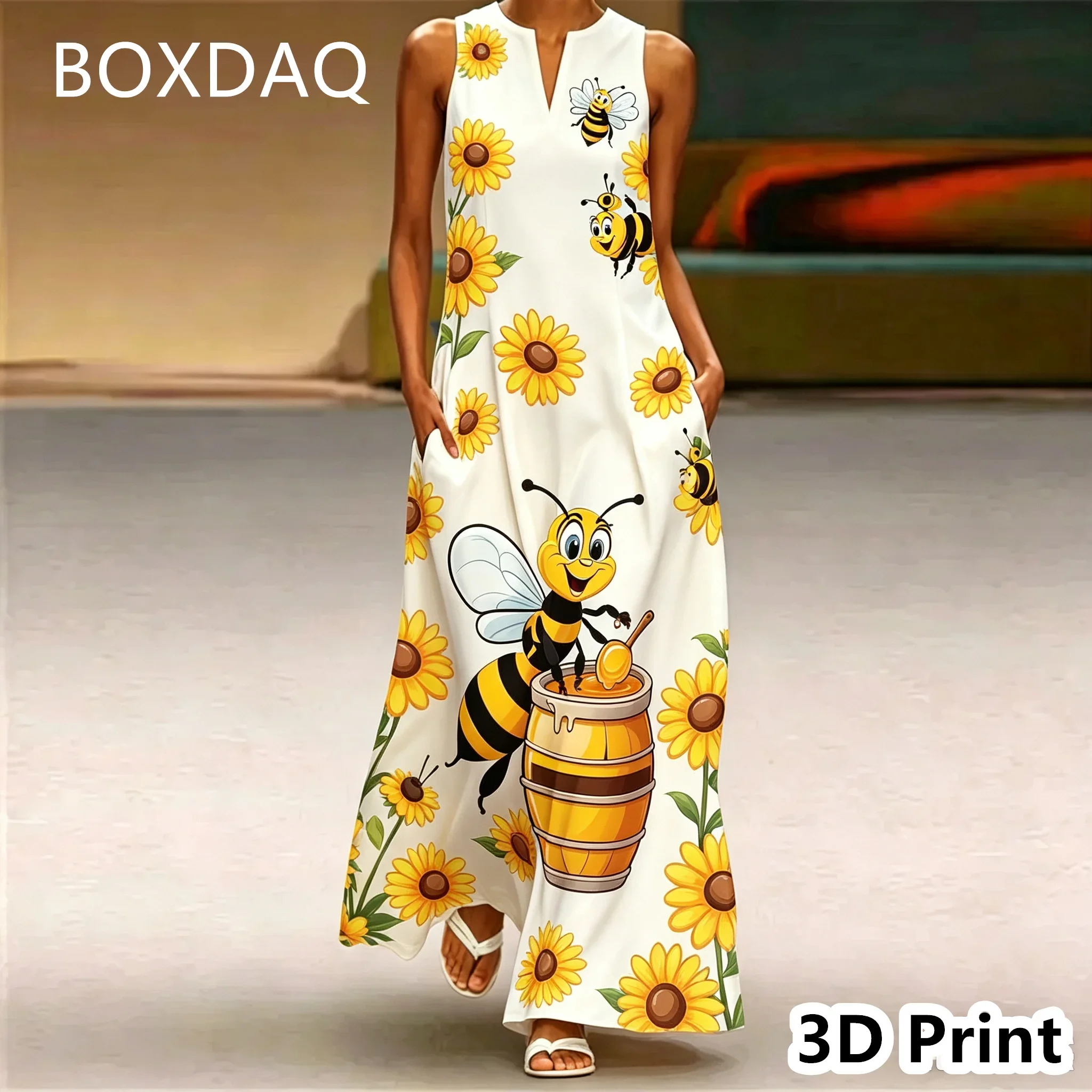 Casual Loose Women Long Dress Elegant Sunflower Print Sleeveless V-neck Maxi Dress Spring Summer Boho Vacation Beach Party Dress